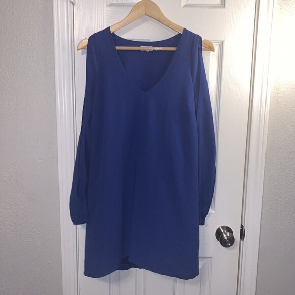 Tobi Cobalt Blue Exposed Long Sleeve Tunic Sheath V-Neck Mini Dress Medium - Picture 2 of 9